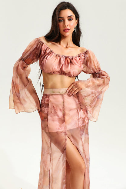 Floral Flared Sleeve Ruched Top & Slit Maxi Skirt Set