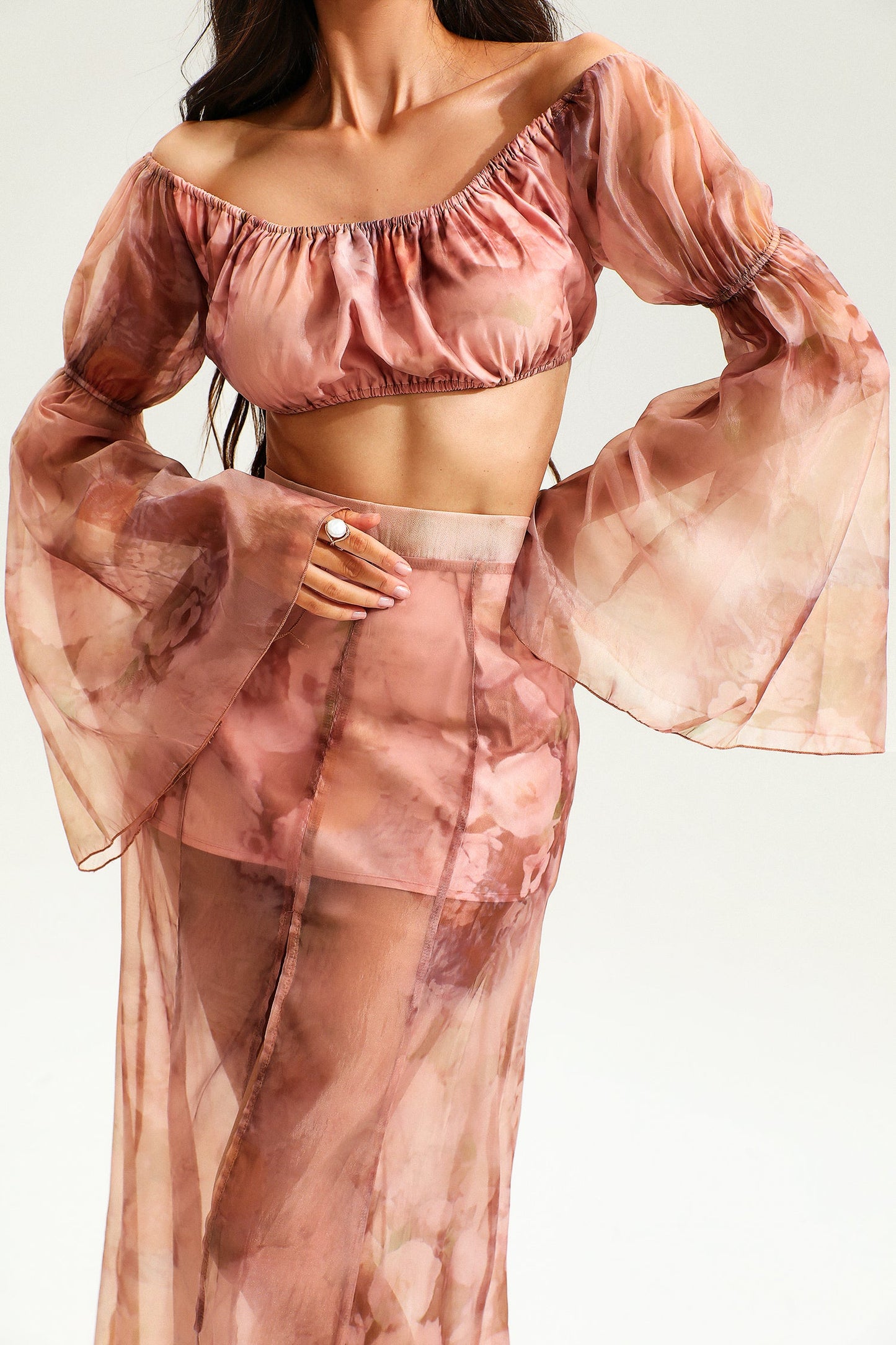 Floral Flared Sleeve Ruched Top & Slit Maxi Skirt Set