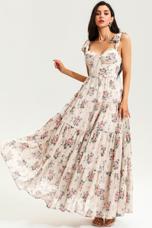 Floral Corset Backless Lace Up Maxi Dress Beige