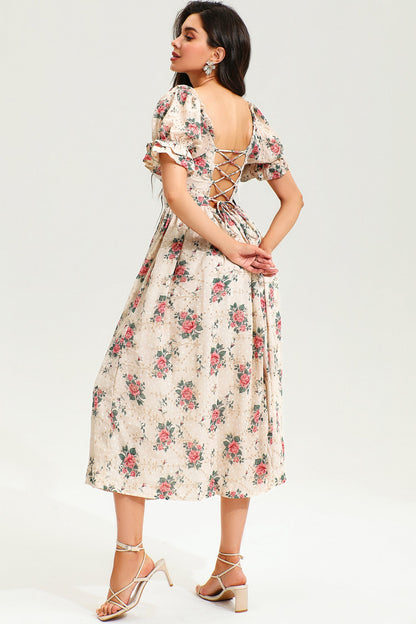 Floral Puff Sleeve Corset Backless Lace Up Slit Midi Dress Pink