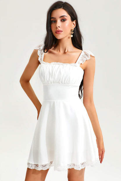 Lace Hem Square Collar Corset Pleated Mini Dress White