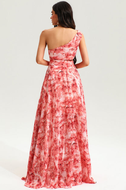 Floral One-Shoulder Cut-Out Slit Maxi Dress