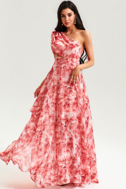 Floral One-Shoulder Cut-Out Slit Maxi Dress