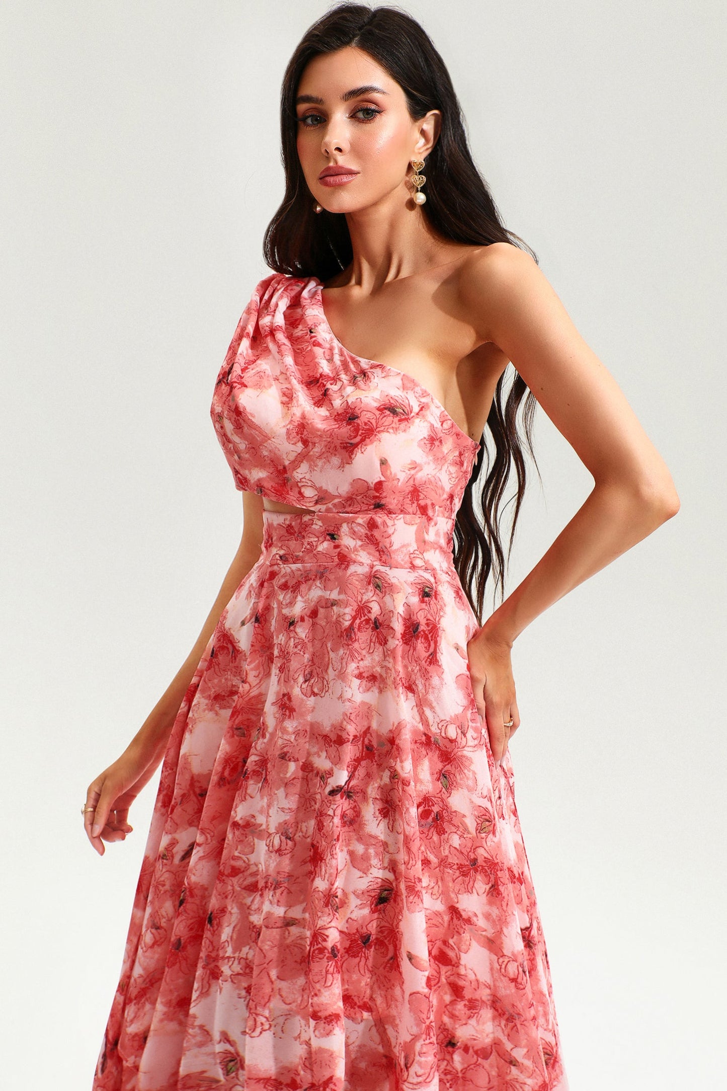 Floral One-Shoulder Cut-Out Slit Maxi Dress