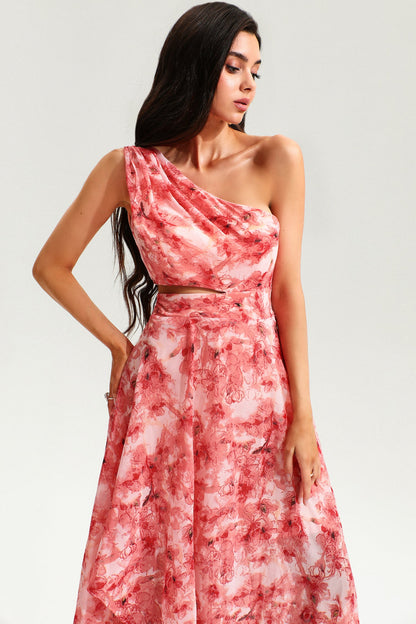 Floral One-Shoulder Cut-Out Slit Maxi Dress