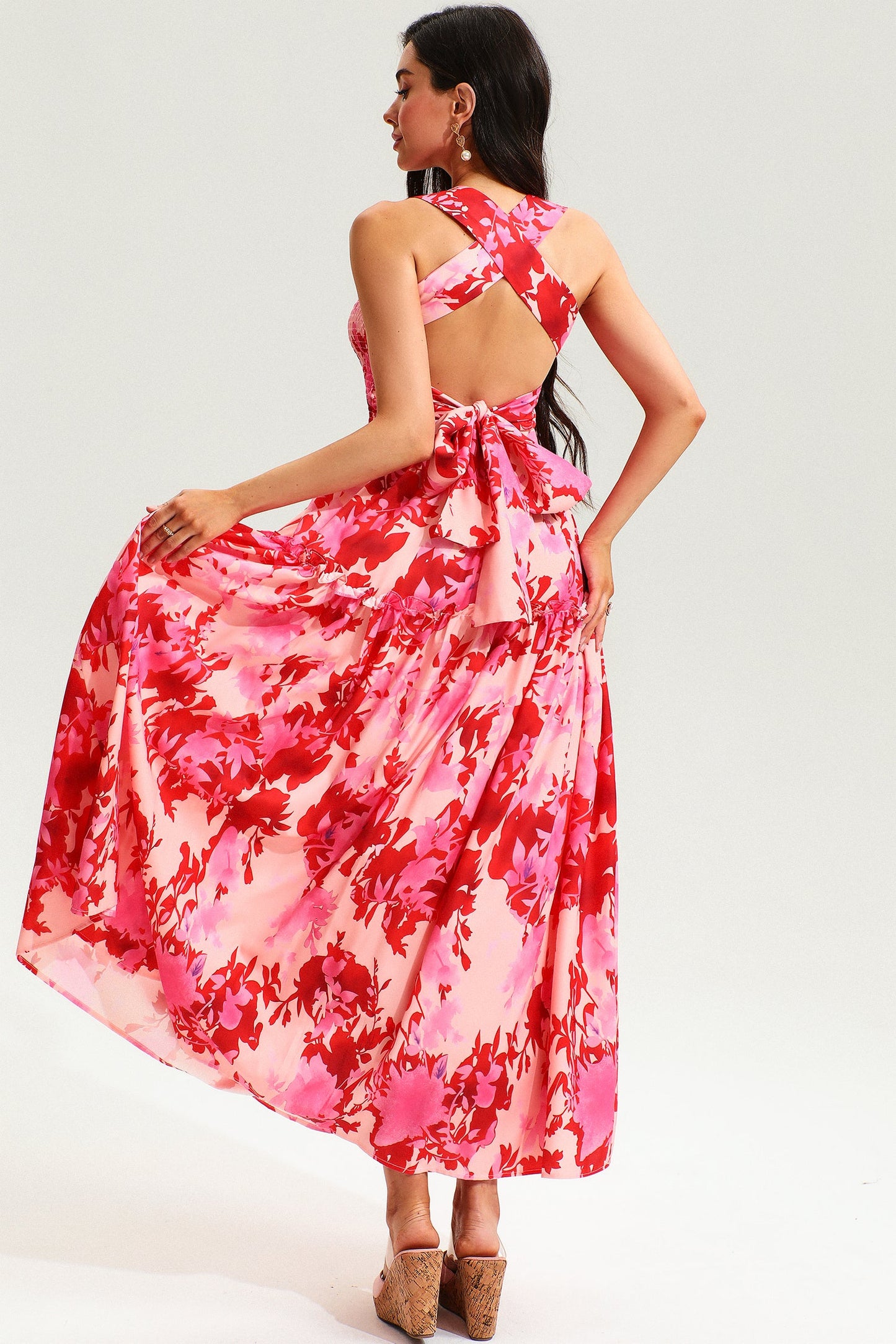 Leave Print Smocked Elastic Cami Midi Dress