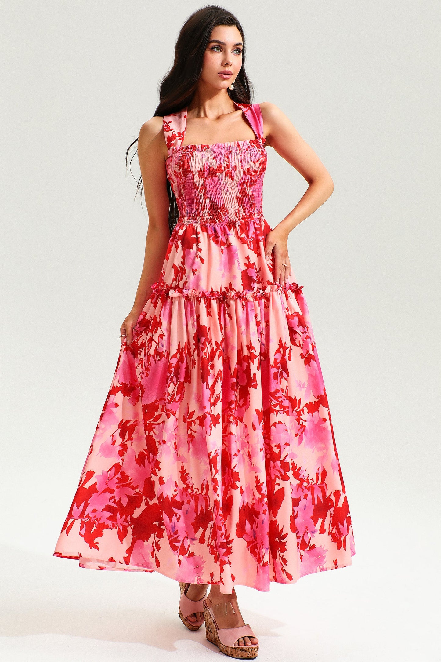 Leave Print Smocked Elastic Cami Midi Dress