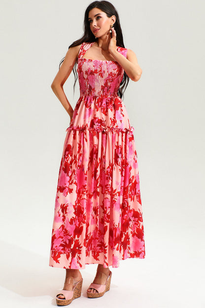 Leave Print Smocked Elastic Cami Midi Dress