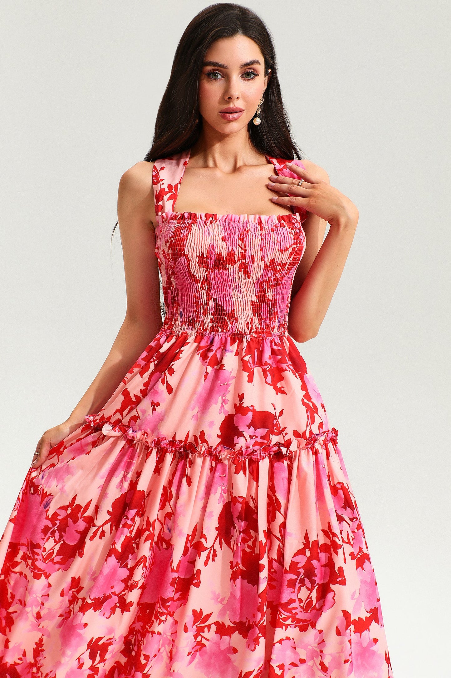 Leave Print Smocked Elastic Cami Midi Dress