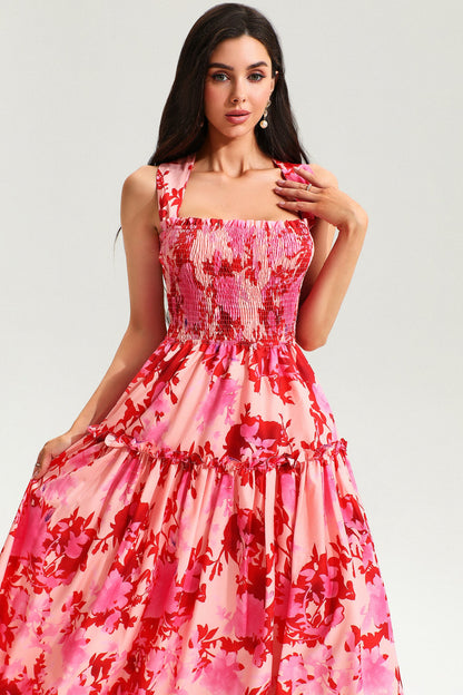 Leave Print Smocked Elastic Cami Midi Dress