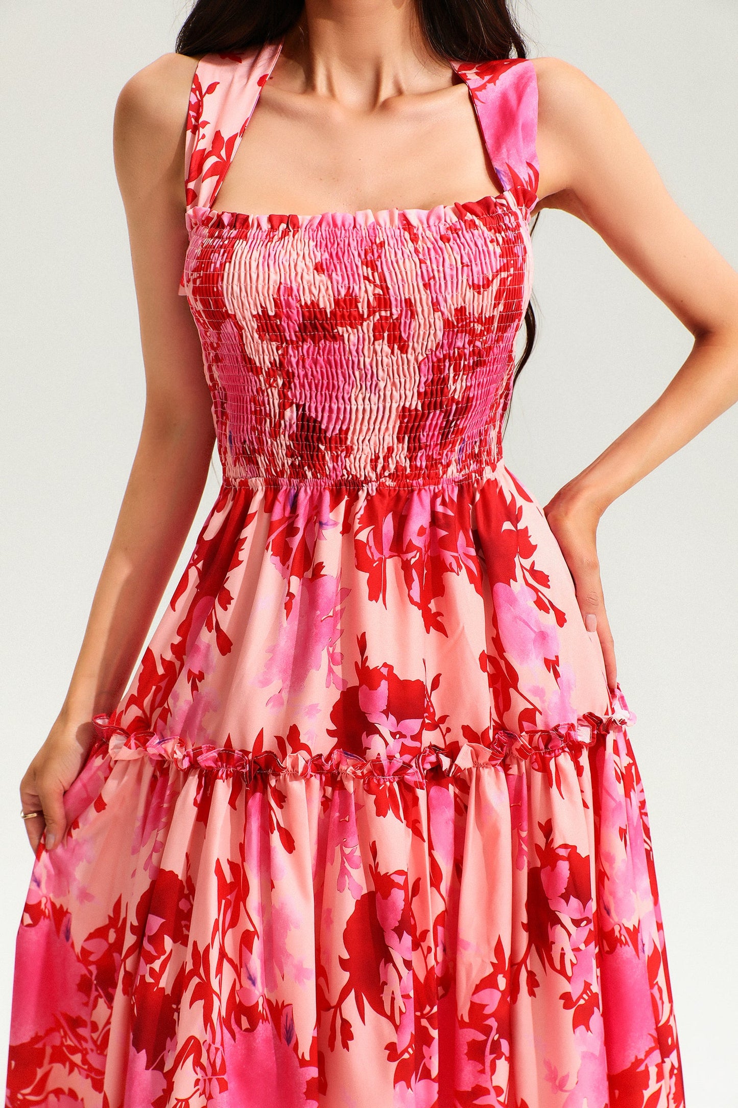 Leave Print Smocked Elastic Cami Midi Dress