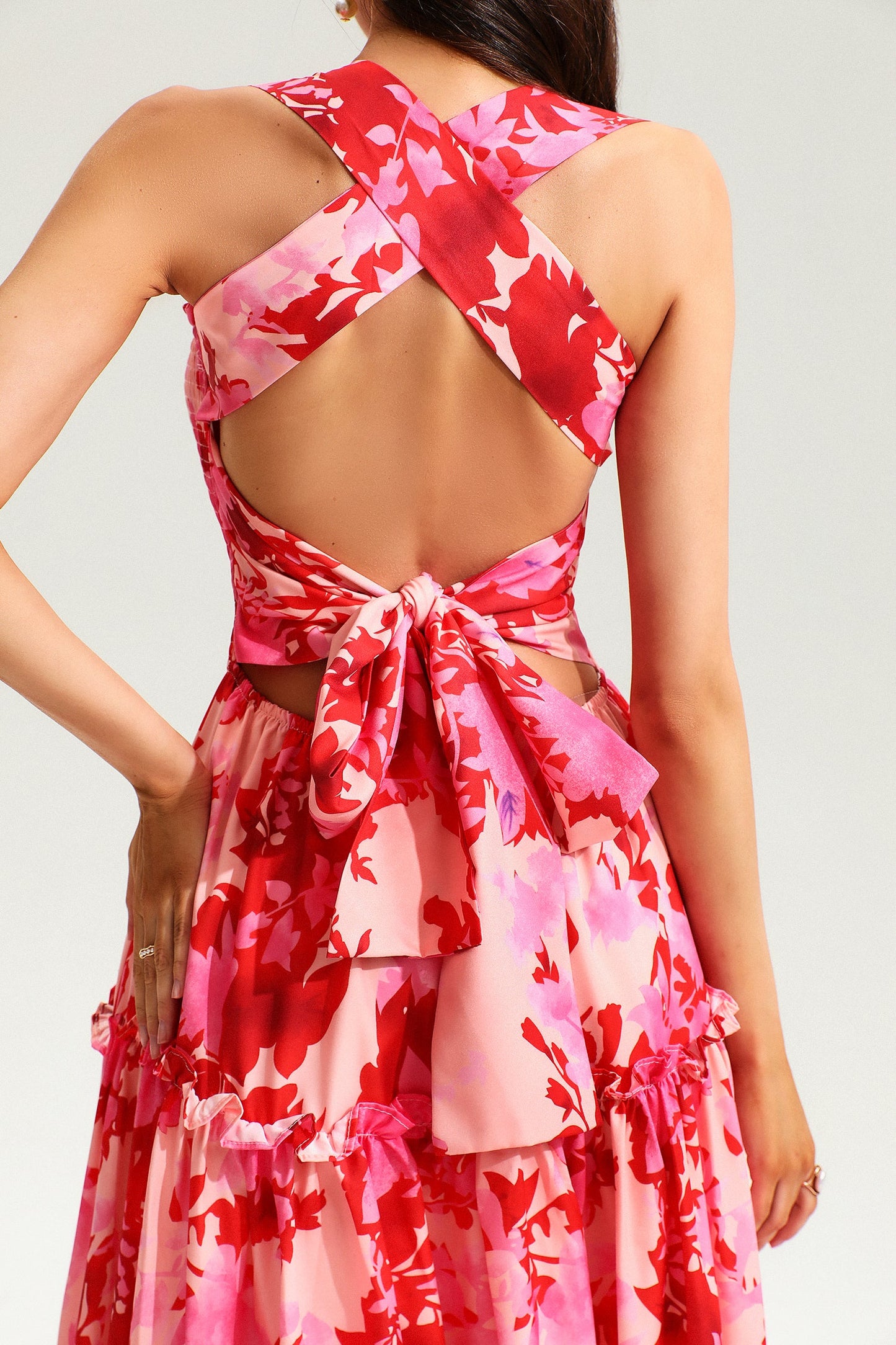 Leave Print Smocked Elastic Cami Midi Dress