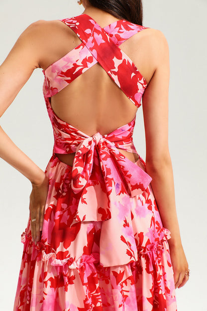 Leave Print Smocked Elastic Cami Midi Dress