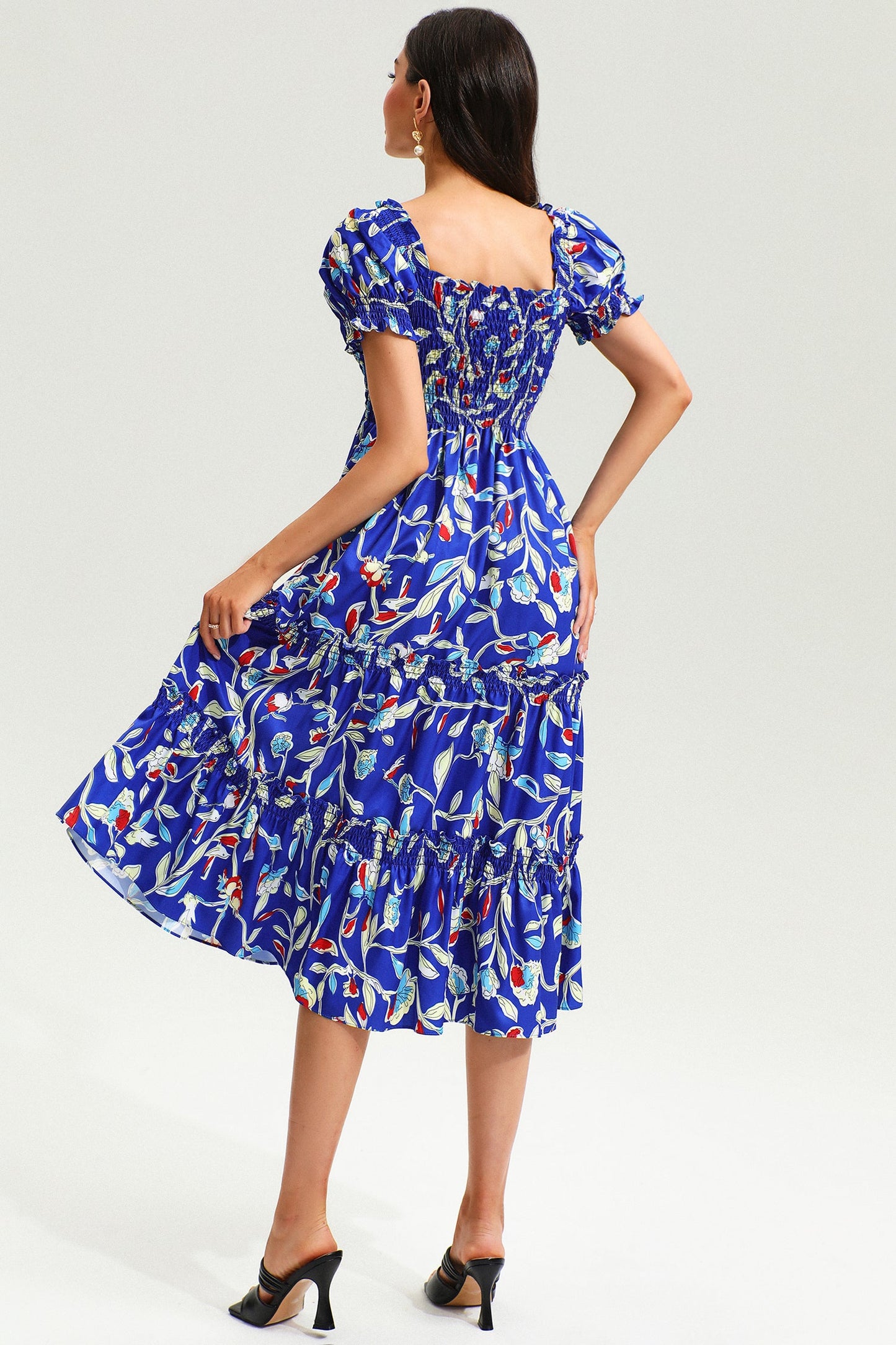 Botanical Print Square Neck Short Sleeve Midi Dress