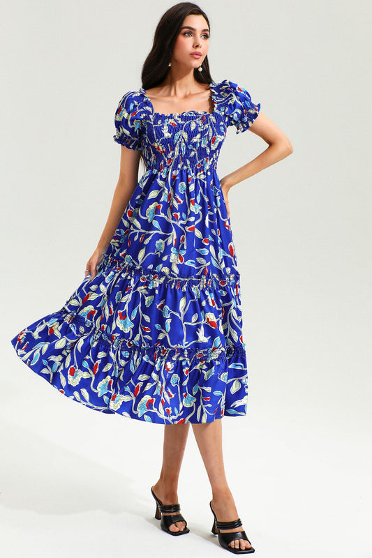 Botanical Print Square Neck Short Sleeve Midi Dress