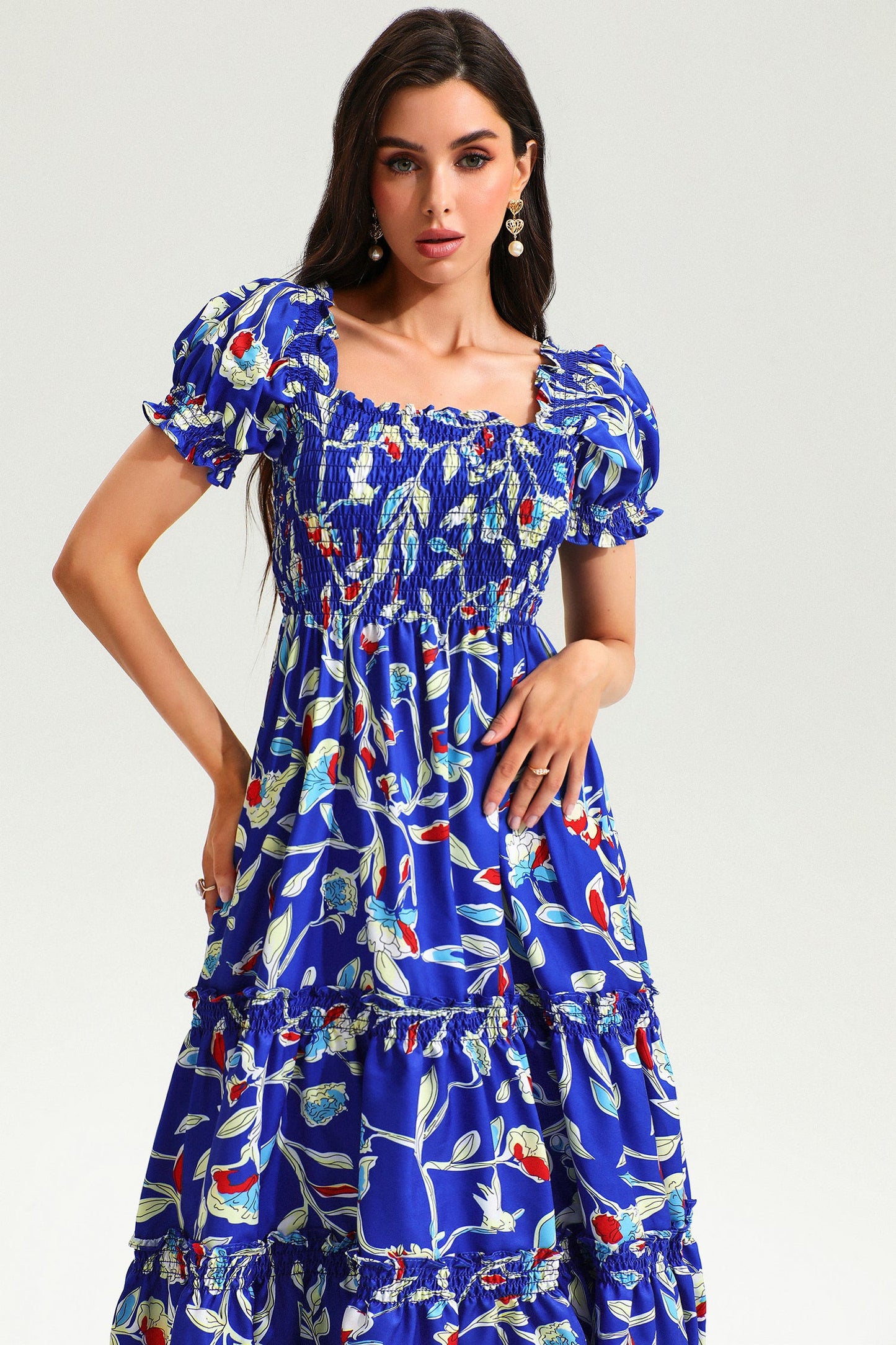 Botanical Print Square Neck Short Sleeve Midi Dress