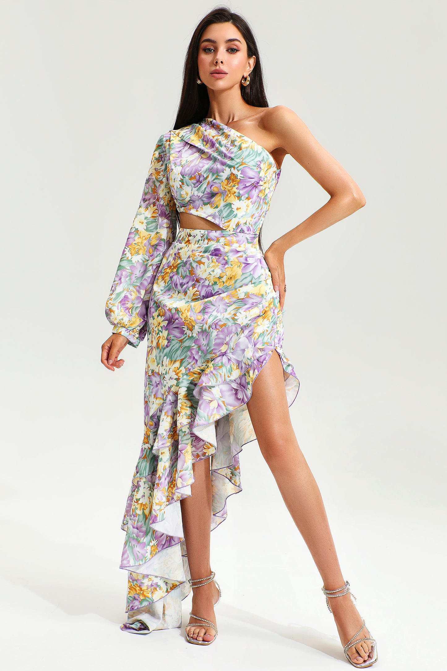 Slanted Shoulder Long Sleeve Ruffle Irregular Maxi Dress Purple