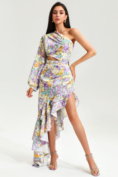 Slanted Shoulder Long Sleeve Ruffle Irregular Maxi Dress Purple