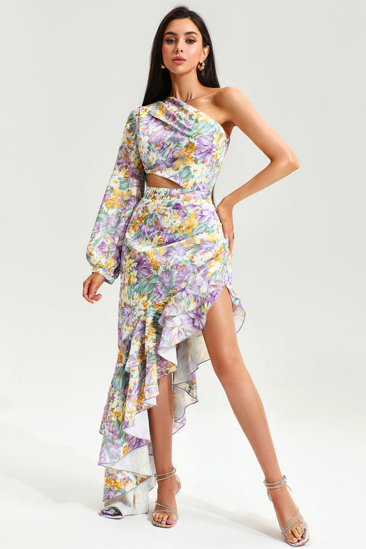 Slanted Shoulder Long Sleeve Ruffle Irregular Maxi Dress Purple