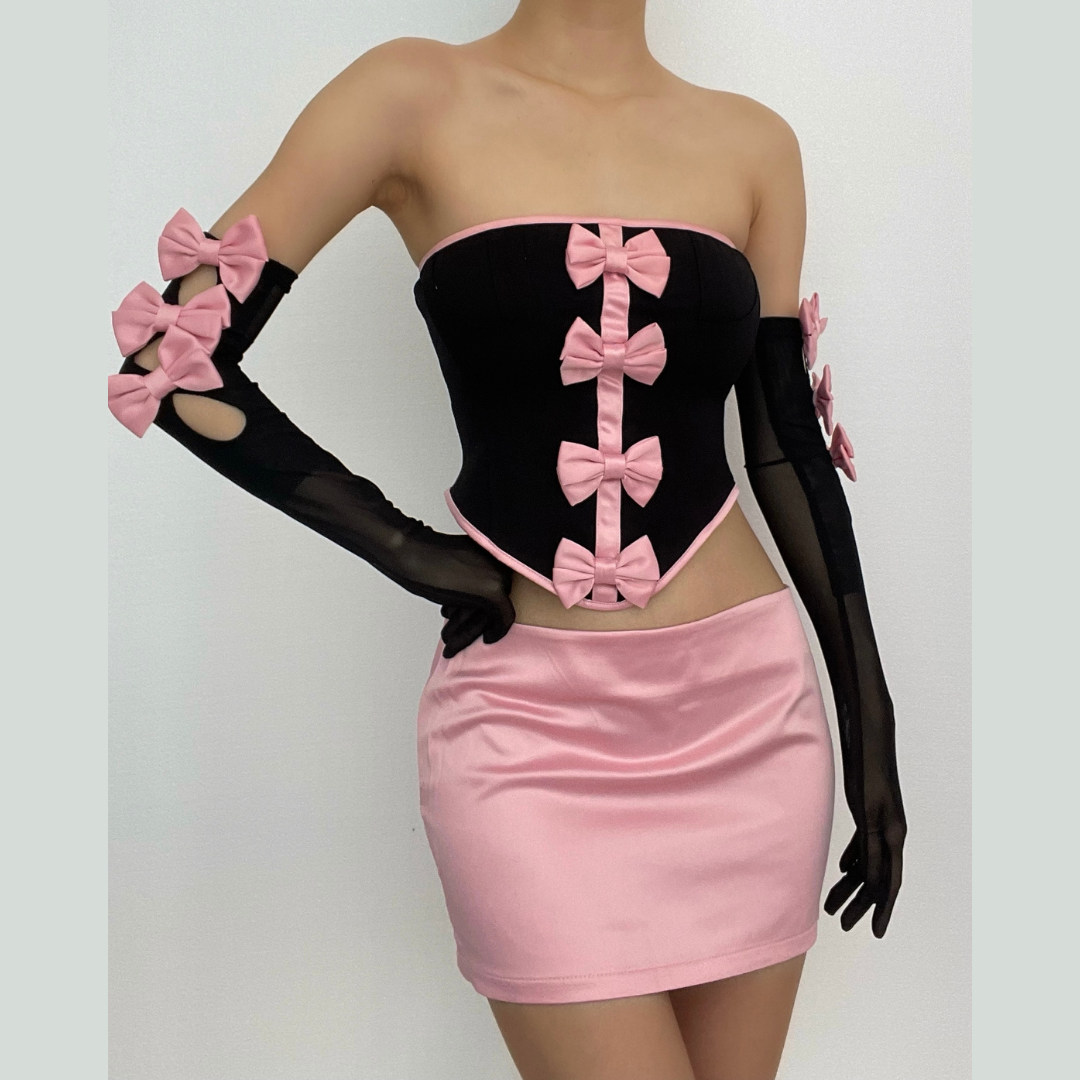 Mesh contrast bowknot gloves lace up tube backless mini skirt set-final-sale