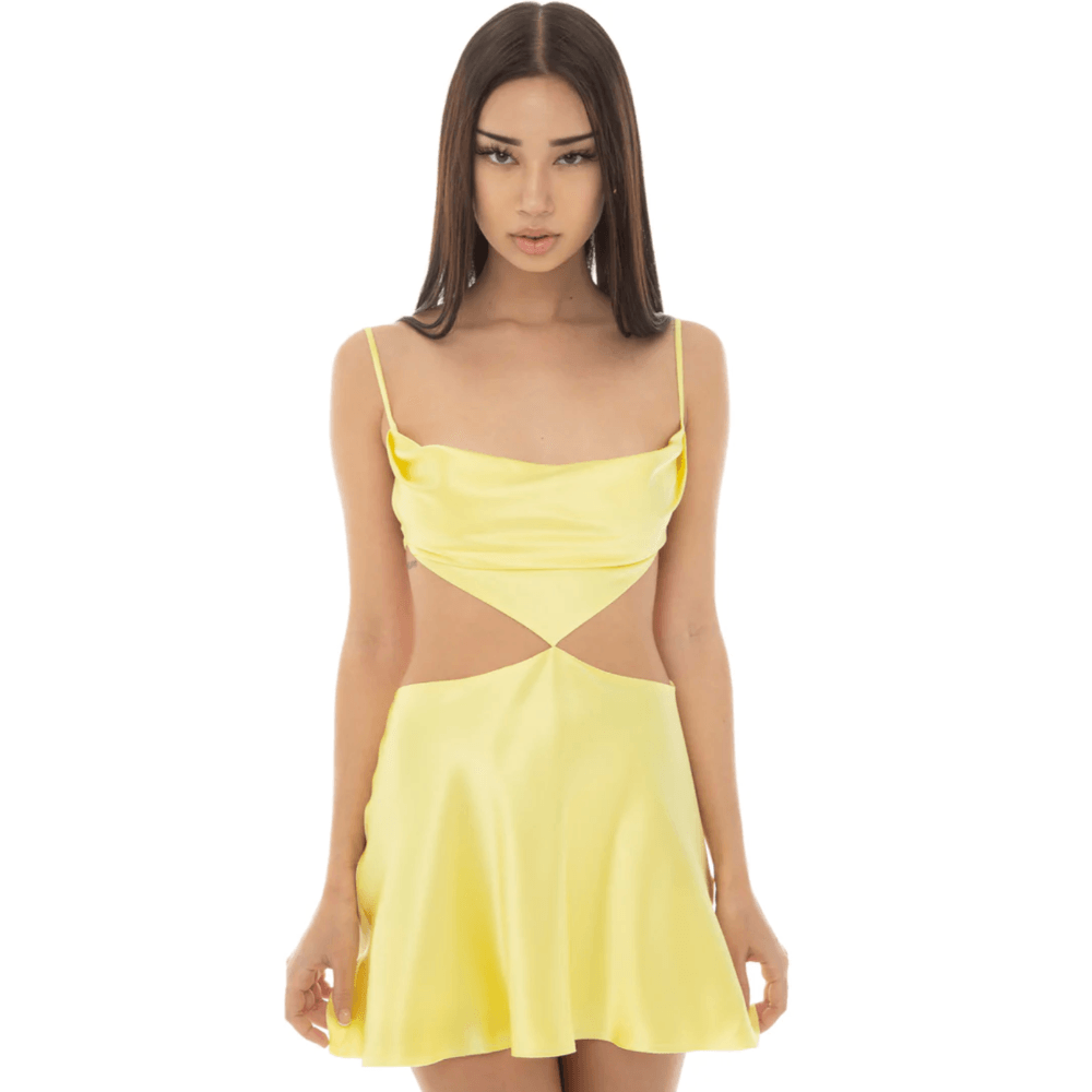Satin Spaghetti Strap Open Back Side Cutout Flared Mini Dress