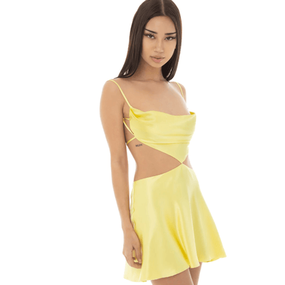Satin Spaghetti Strap Open Back Side Cutout Flared Mini Dress