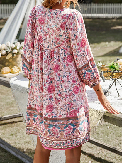 Vintage Floral Print Boho A-Line Dress
