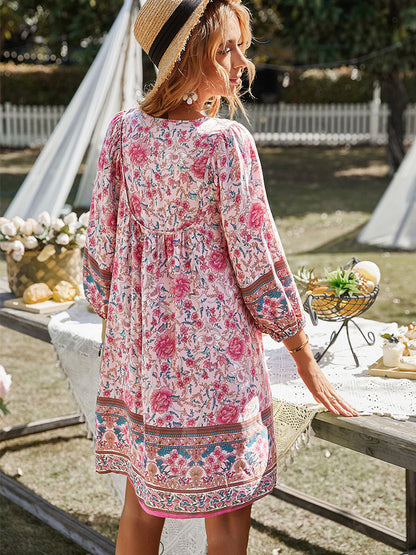 Boho Tunic Dress for Women - Floral Print V Neck 3/4 Lantern Sleeve Loose Mini Dress - Summer Garden Party Beach Outfit 2026