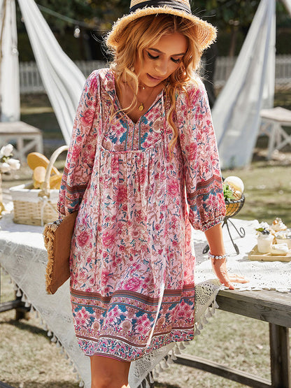 Boho Tunic Dress for Women - Floral Print V Neck 3/4 Lantern Sleeve Loose Mini Dress - Summer Garden Party Beach Outfit 2026