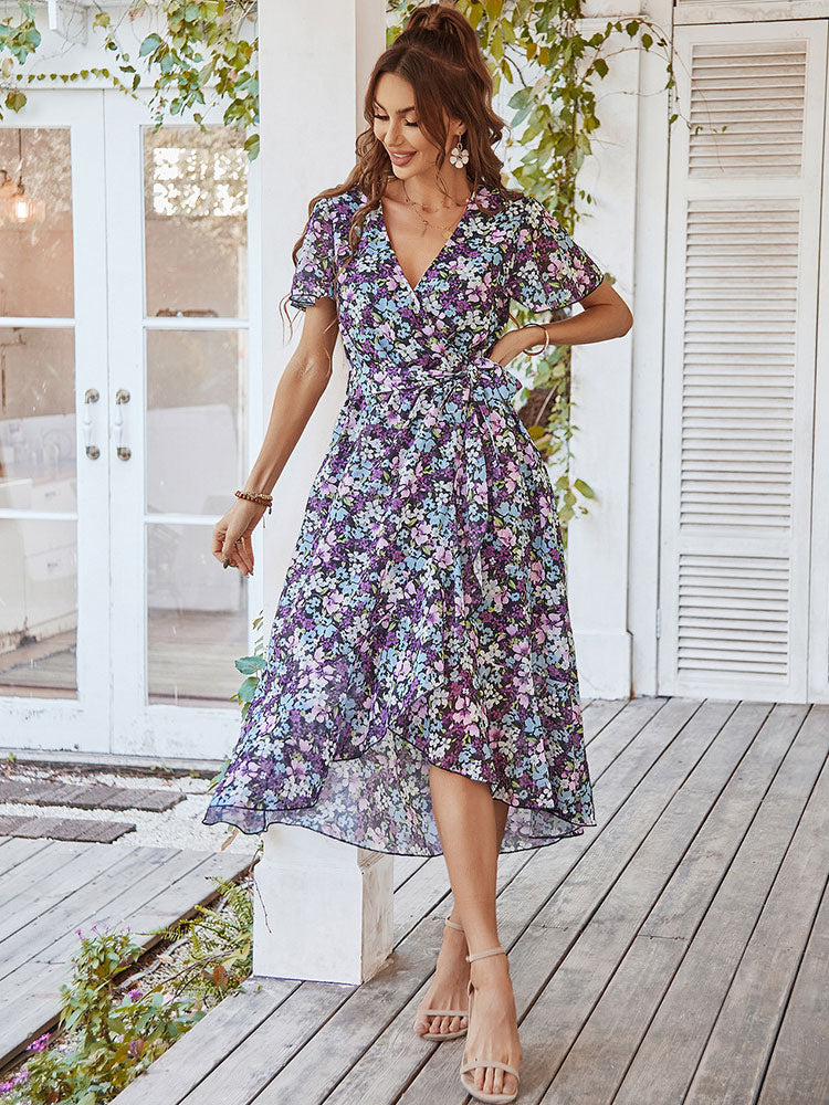 Floral Wrap Midi Dress for Women - Short Ruffle Sleeve High-Low Printed Dress - Summer Garden Wedding Guest Wear 2026