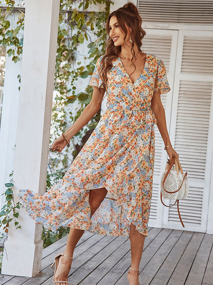 Floral Wrap Midi Dress for Women - Short Ruffle Sleeve High-Low Printed Dress - Summer Garden Wedding Guest Wear 2026