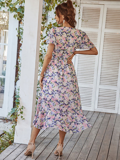 Floral Wrap Midi Dress for Women - Short Ruffle Sleeve High-Low Printed Dress - Summer Garden Wedding Guest Wear 2026