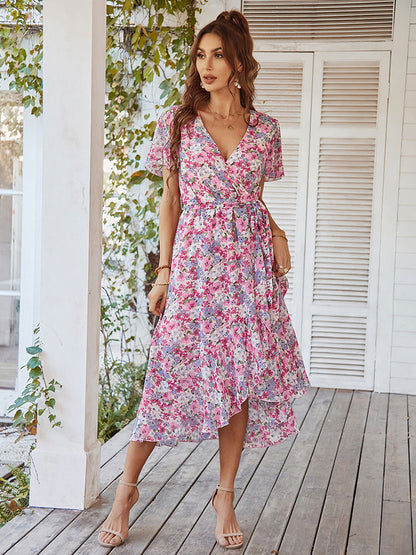 Floral Wrap Midi Dress for Women - Short Ruffle Sleeve High-Low Printed Dress - Summer Garden Wedding Guest Wear 2026