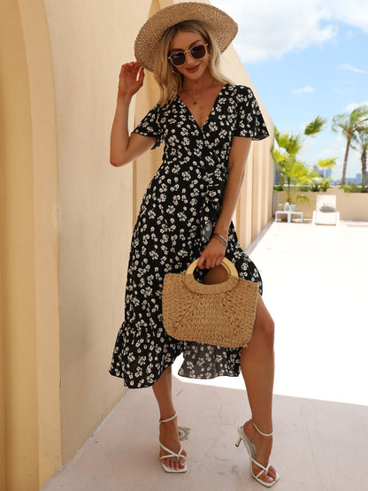 Floral Wrap Midi Dress for Women - Short Sleeve Ruffle Hem High-Low - Summer Beach Wedding Guest Outfit 2026