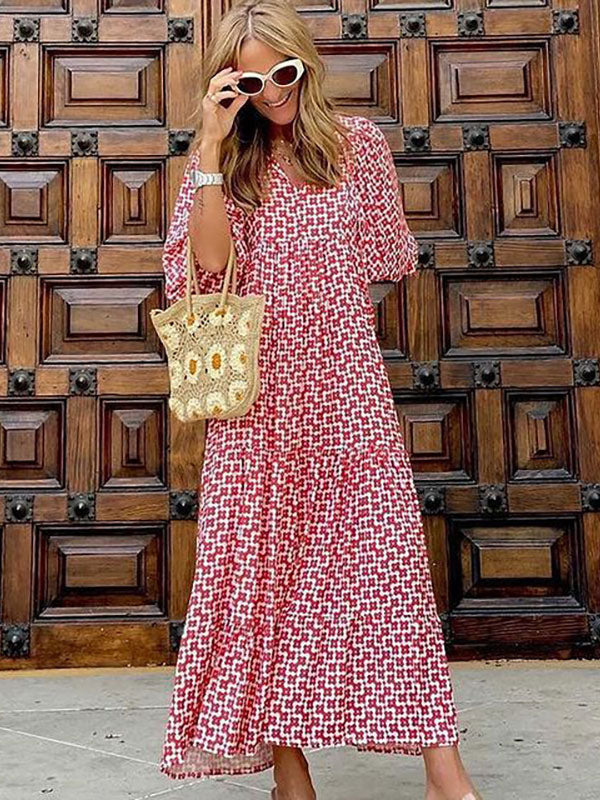 Boho Maxi Smock Dress for Women - Tiered Floral V Neck Lantern Sleeve Long Dress - Summer Beach Holiday 2026