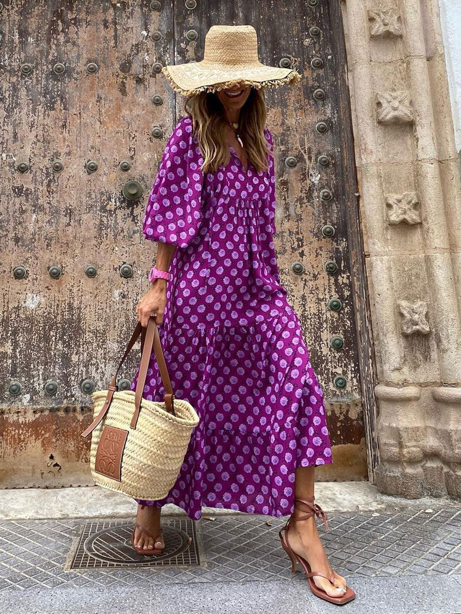 Boho Maxi Smock Dress for Women - Tiered Floral V Neck Lantern Sleeve Long Dress - Summer Beach Holiday 2026