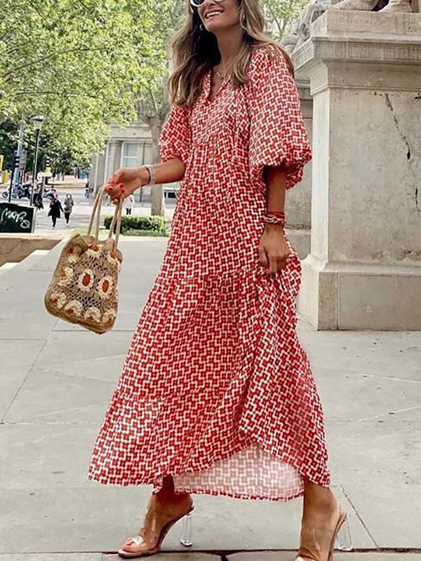 Boho Maxi Smock Dress for Women - Tiered Floral V Neck Lantern Sleeve Long Dress - Summer Beach Holiday 2026