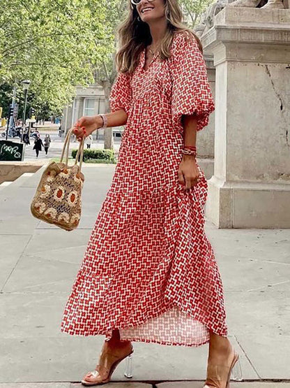 Boho Maxi Smock Dress for Women - Tiered Floral V Neck Lantern Sleeve Long Dress - Summer Beach Holiday 2026