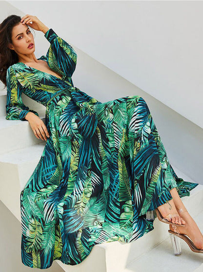Tropical Maxi Dress for Women - Leaf Printed V Neck Lantern Sleeve Wrap Dress - Summer Beach Party 2026