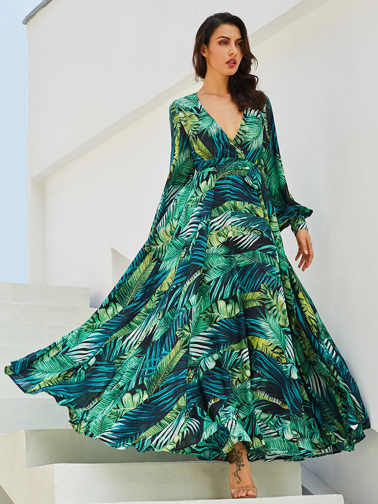 Tropical Maxi Dress for Women - Leaf Printed V Neck Lantern Sleeve Wrap Dress - Summer Beach Party 2026