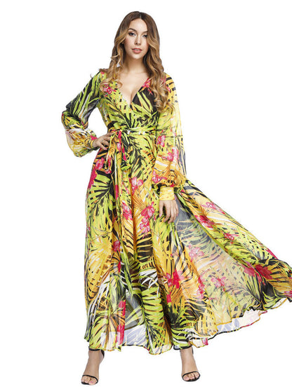 Tropical Maxi Dress for Women - Leaf Printed V Neck Lantern Sleeve Wrap Dress - Summer Beach Party 2026