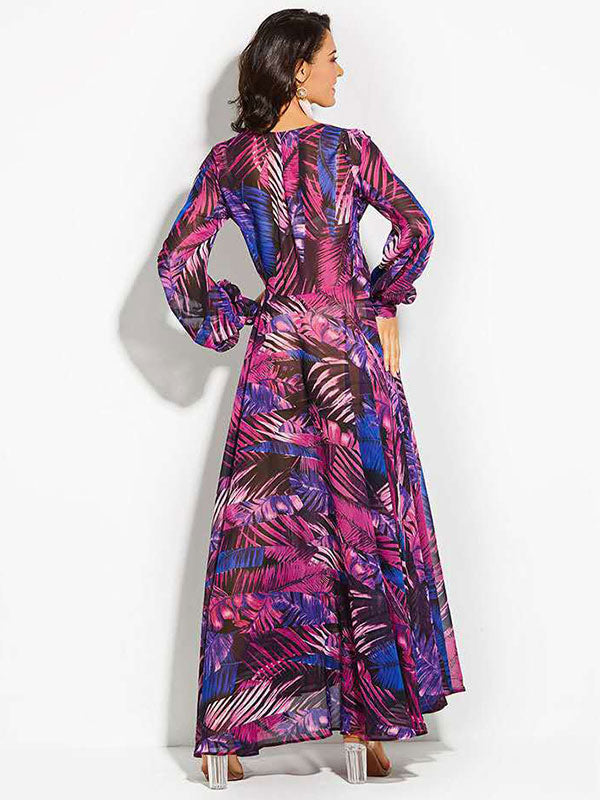 Tropical Maxi Dress for Women - Leaf Printed V Neck Lantern Sleeve Wrap Dress - Summer Beach Party 2026