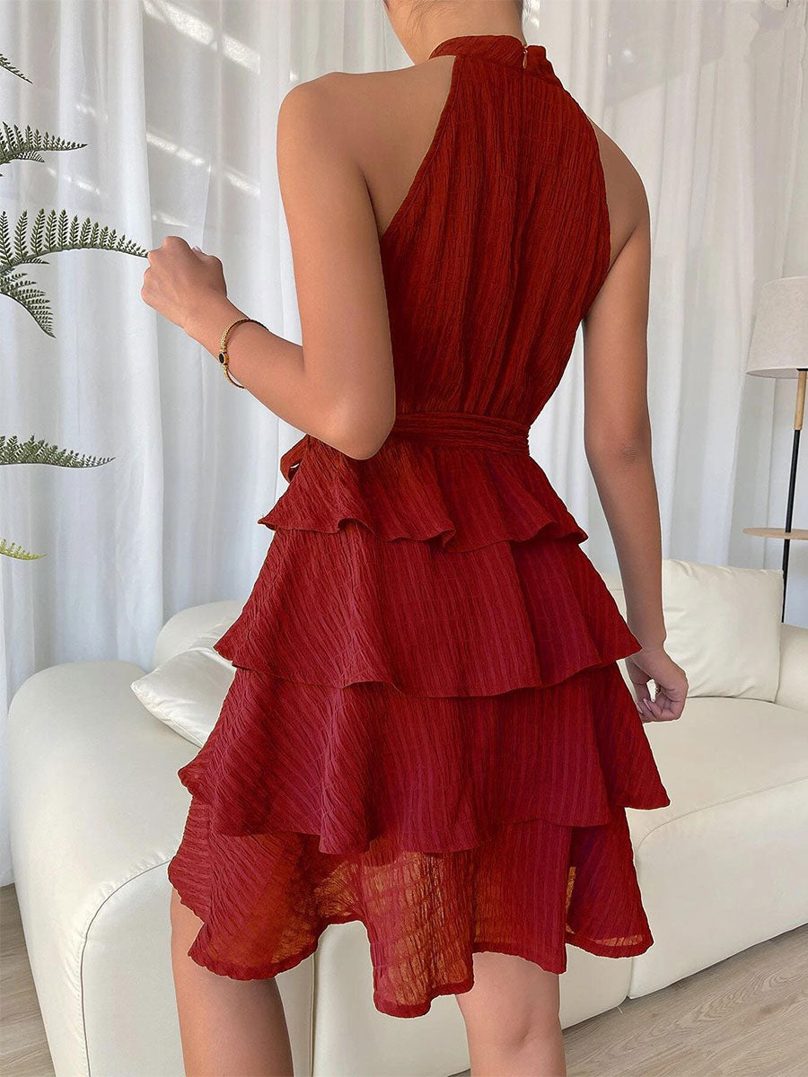 Halter Short Dress Sleeveless Pleated Belted Tulle Tiered Party Cocktail Dresses