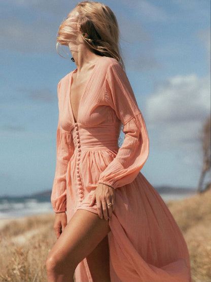 Boho V Neck Maxi Dress - Puff Sleeve Button Front High Slit Long Dress - Spring Beach Vacation 2026