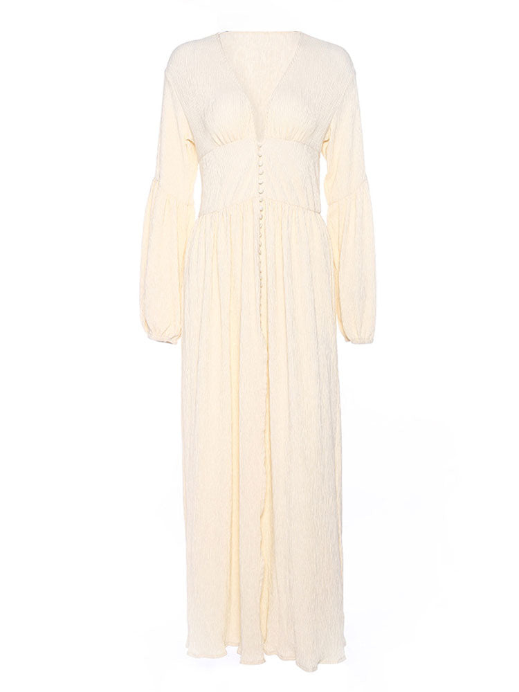 Boho V Neck Maxi Dress - Puff Sleeve Button Front High Slit Long Dress - Spring Beach Vacation 2026
