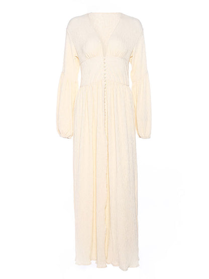 Boho V Neck Maxi Dress - Puff Sleeve Button Front High Slit Long Dress - Spring Beach Vacation 2026