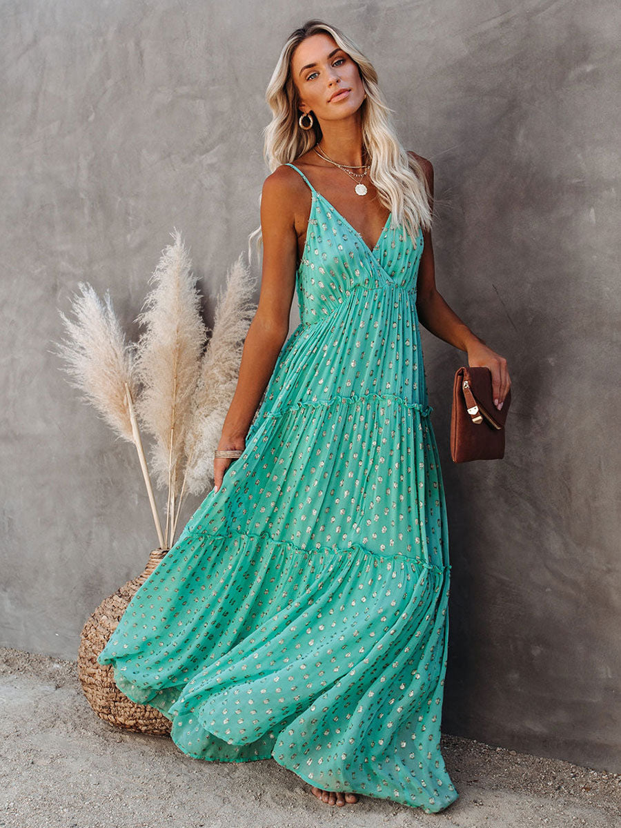Boho Dot Maxi Slip Dress for Women - Mint Green V Neck Tiered Ruffle Backless Sundress - Summer Beach Resort 2026