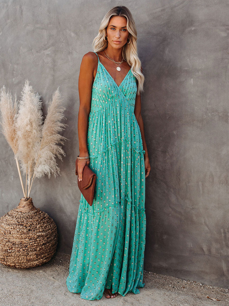 Boho Dot Maxi Slip Dress for Women - Mint Green V Neck Tiered Ruffle Backless Sundress - Summer Beach Resort 2026