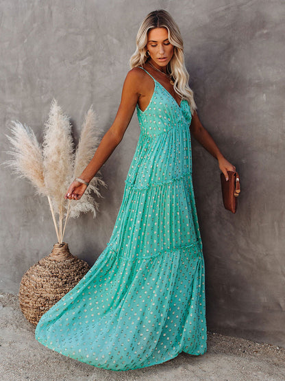 Boho Dot Maxi Slip Dress for Women - Mint Green V Neck Tiered Ruffle Backless Sundress - Summer Beach Resort 2026