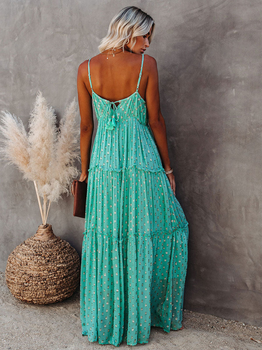 Boho Dot Maxi Slip Dress for Women - Mint Green V Neck Tiered Ruffle Backless Sundress - Summer Beach Resort 2026
